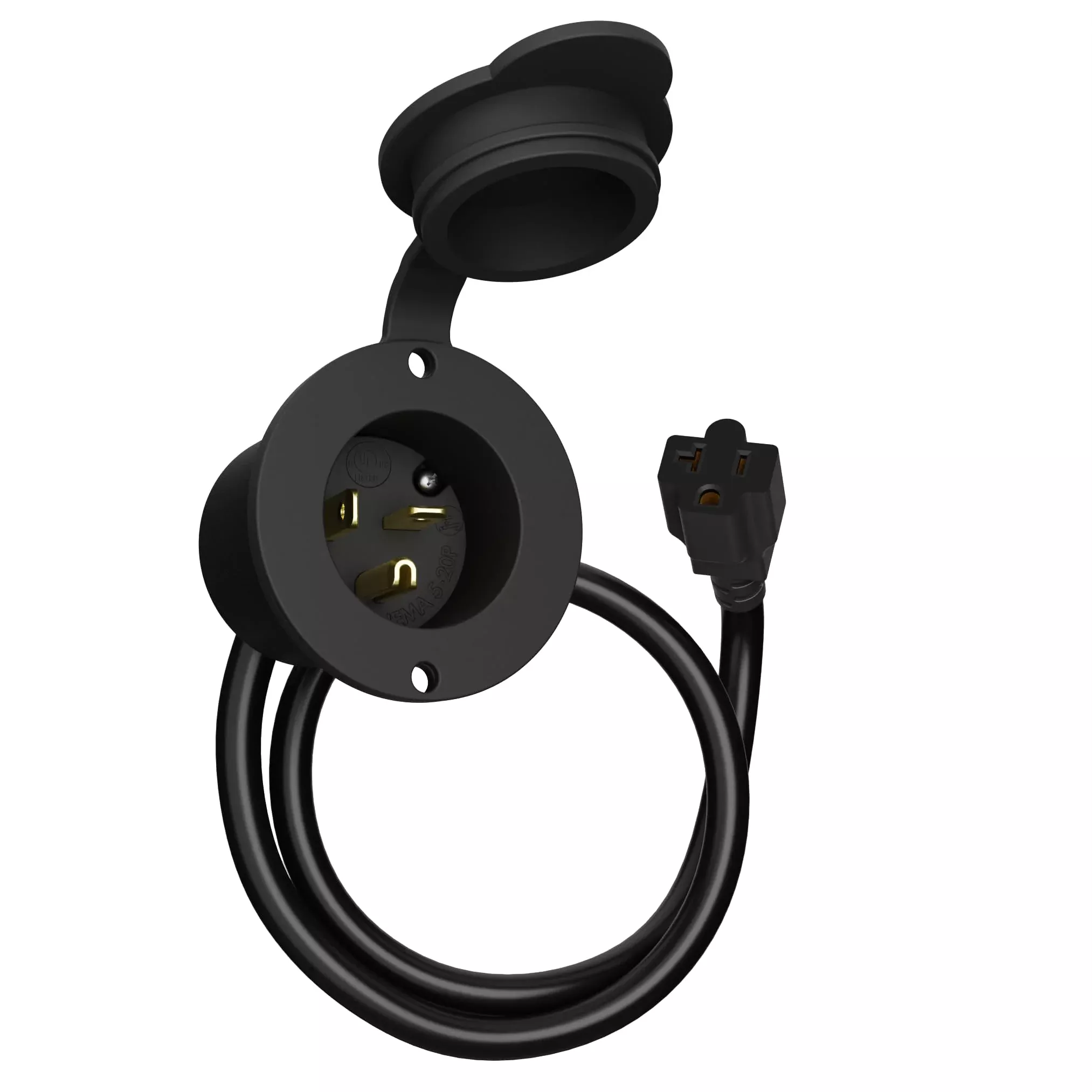 20 Amp Ac Power Inlet Port Charger Plug, By Journeyman-Pro 110-125 Volt Socket, Waterproof Electrical Outlet Receptacle, 20-Inch Integrated Outdoor Rv/Shore Extension Cord 5-20R(Gcp2 Black 20A)