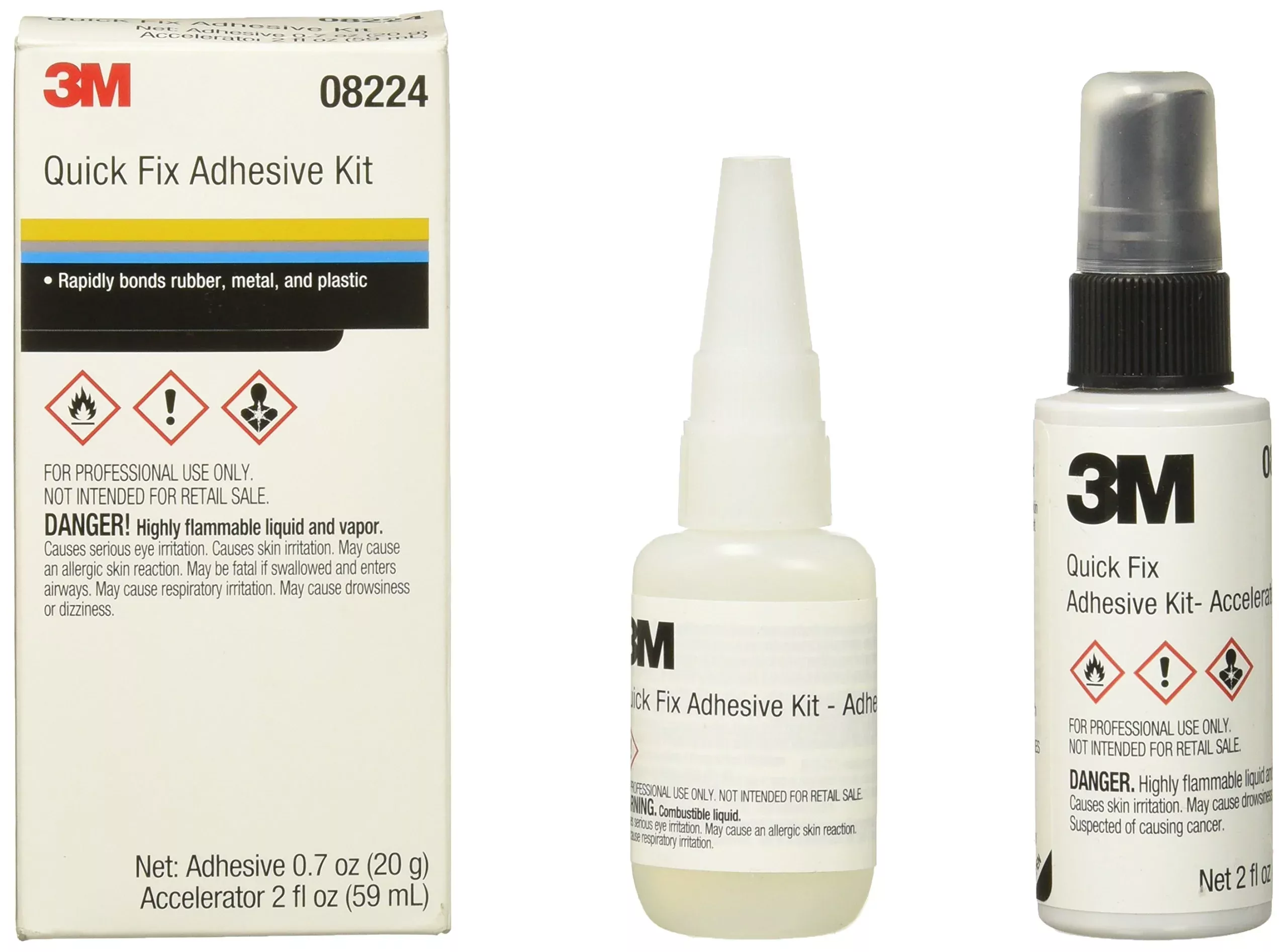 3M Quick Fix Adhesive Kit, Model 08224, 0.7 oz Adhesive & 2.0 oz Accelerator, Factory Color, Steel Material