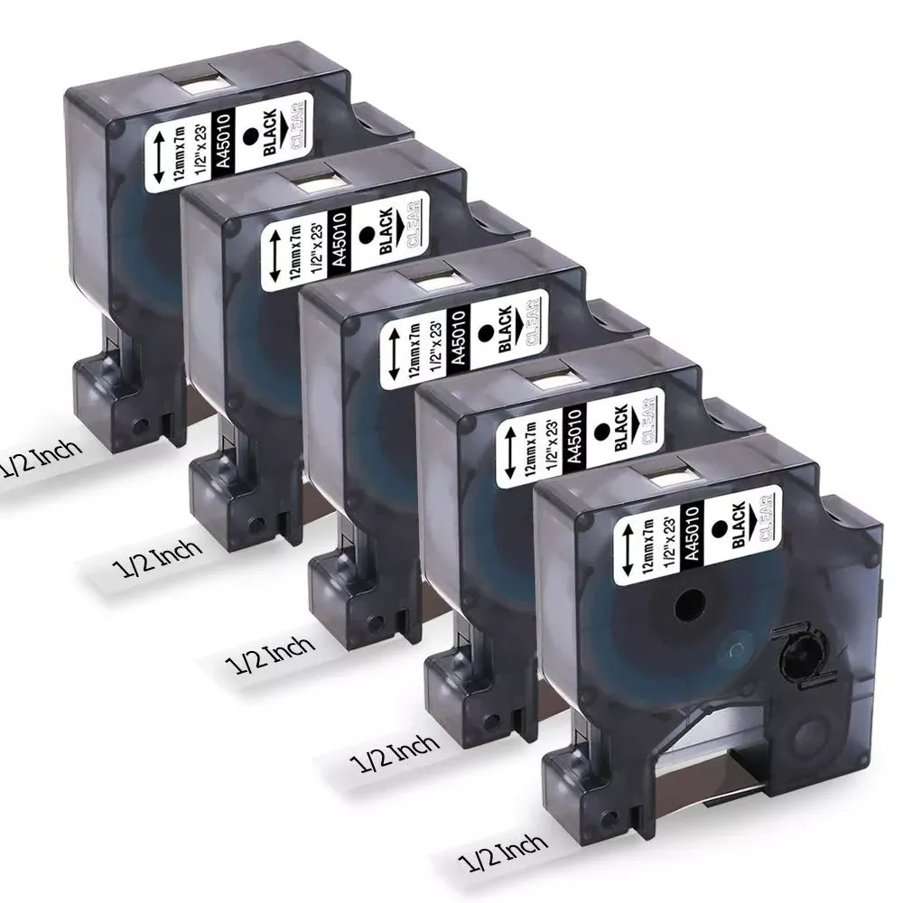 5-Pack Replace Dymo 45010 S0720500 Black On Clear Label Compatible Dymo D1 Label Tape Dymo Label Maker Refill,1/2 Inch X 23 Ft,