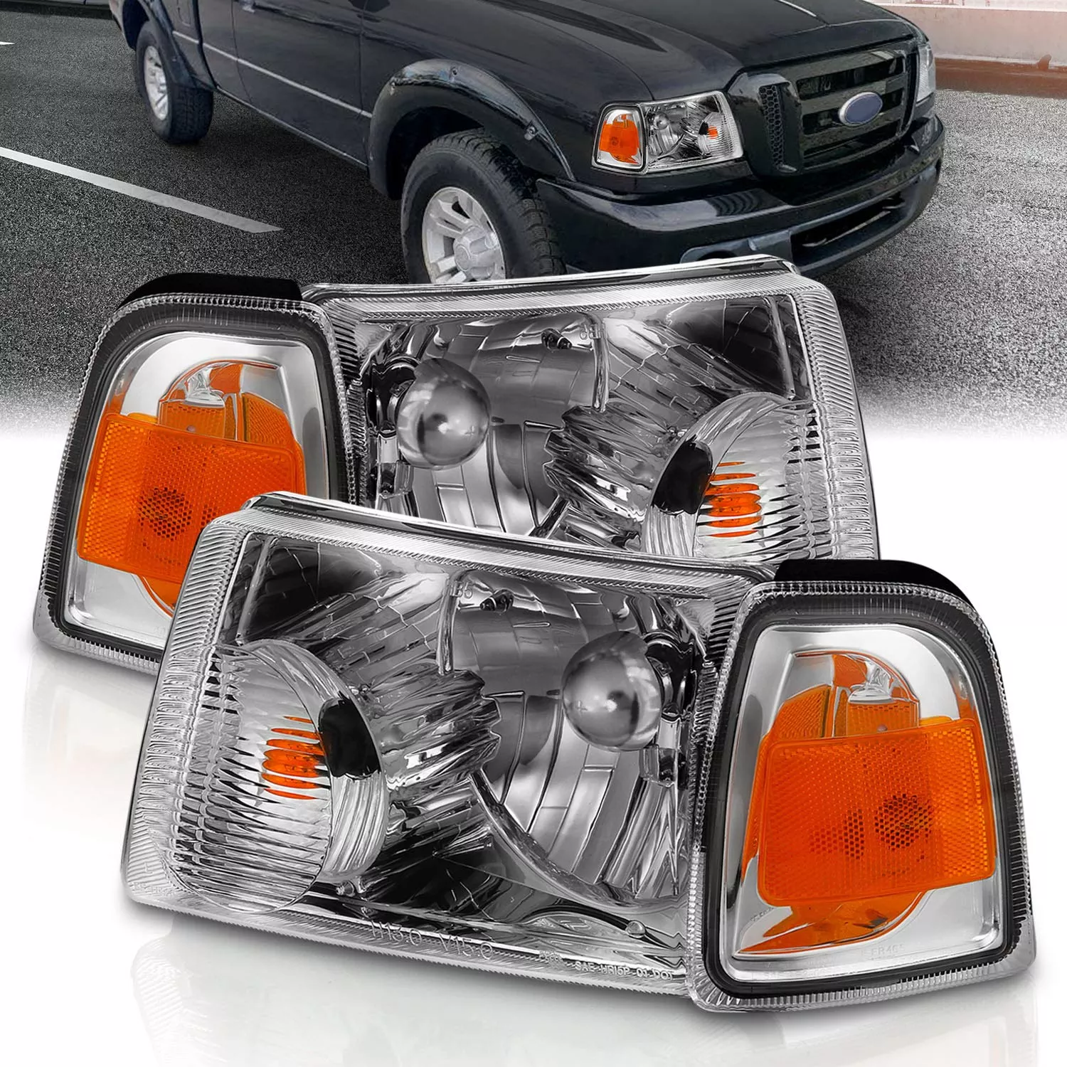AmeriLite Chrome Replacement Headlights Assembly for 2001-2011 Ford Ranger – Driver & Passenger Side Combo Set