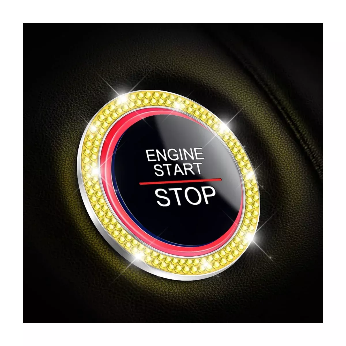 AUKEPO Car Bling Crystal Rhinestone Engine Start Ring Decals, Yellow Push Start Button Cover, Zinc Alloy Interior Accessory, 2 Pack