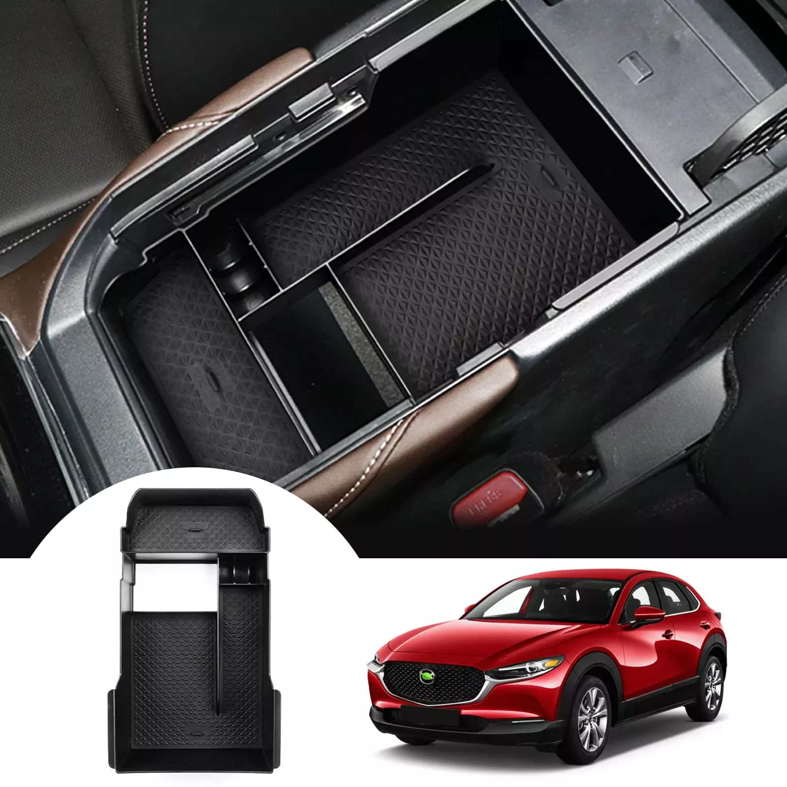 Autorder Center Console Organizer for Mazda CX-30 2020-2025 – Black Armrest Storage Box with Anti-Slip Mat