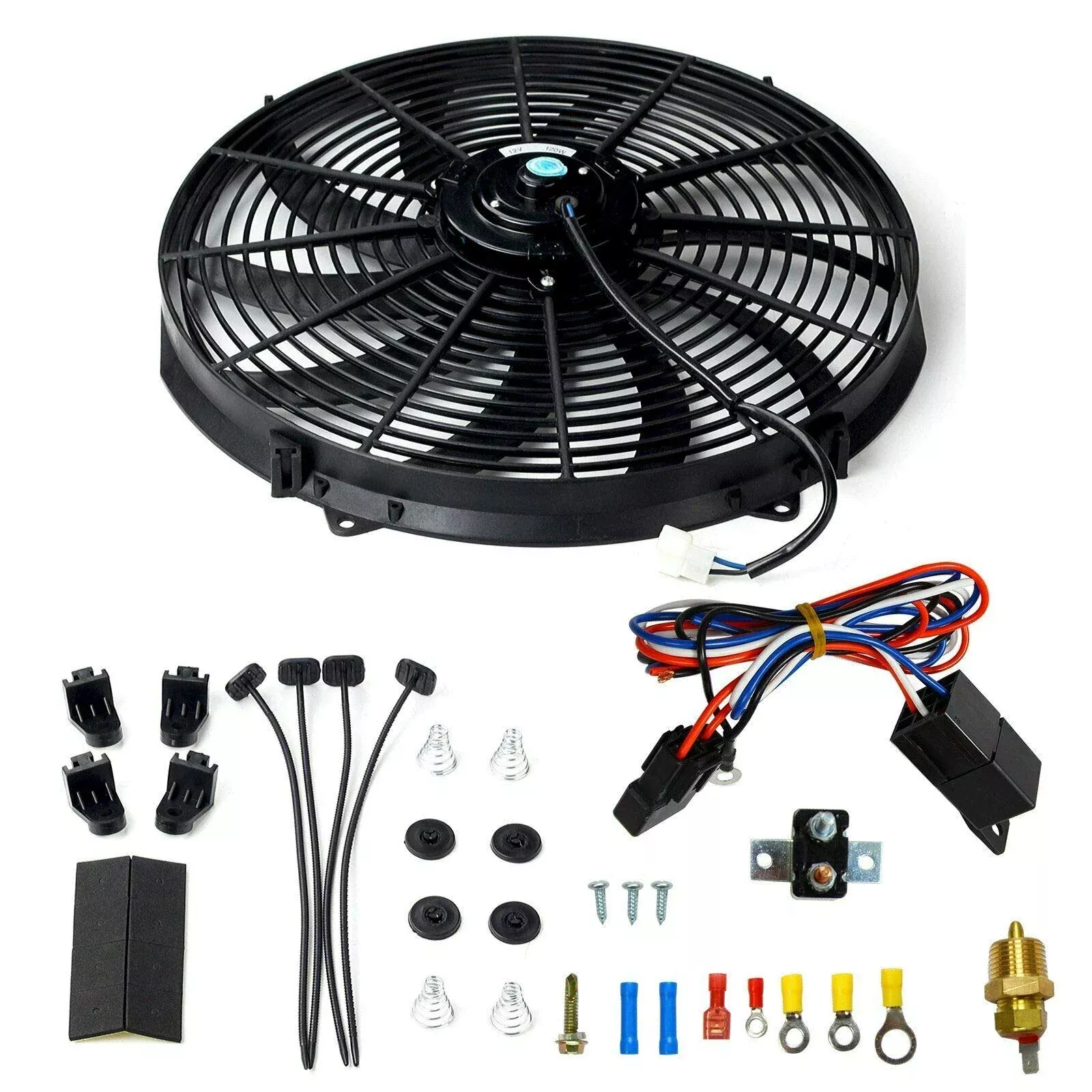 BLACKHORSE-RACING Electric Radiator Fan Kit, 16″ Size, High 3000+ CFM, Includes Thermostat Wiring Switch Relay, Plastic, Black