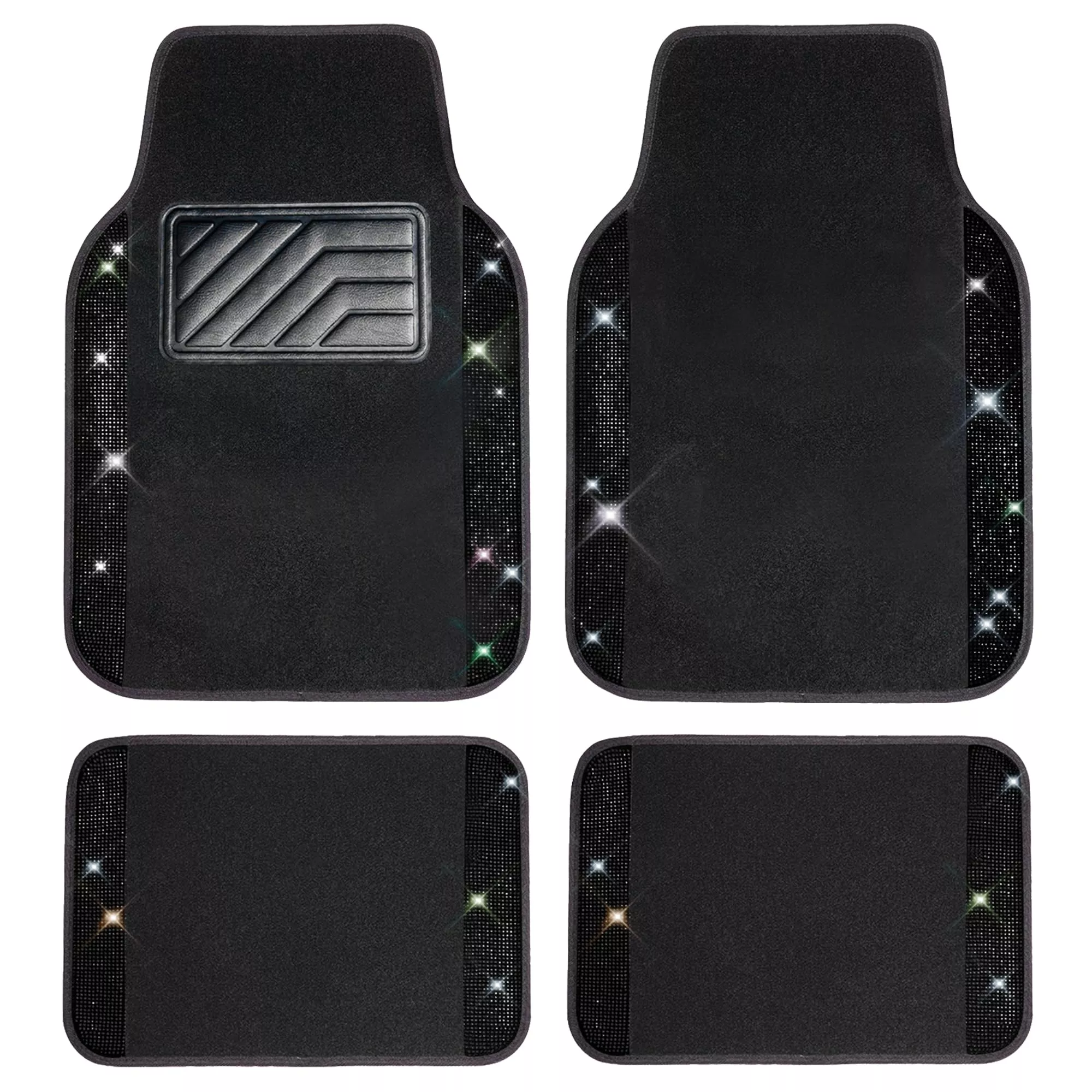 Car Pass Bling Rhinestones Diamond Universal Waterproof Car Floor Mat, Crystal Sparkling Shining Glitter Carpet With Anti-Slip Pvc Heel Pad For Suv,Sedan,Van,4Pcs Girl Women Men (Black)