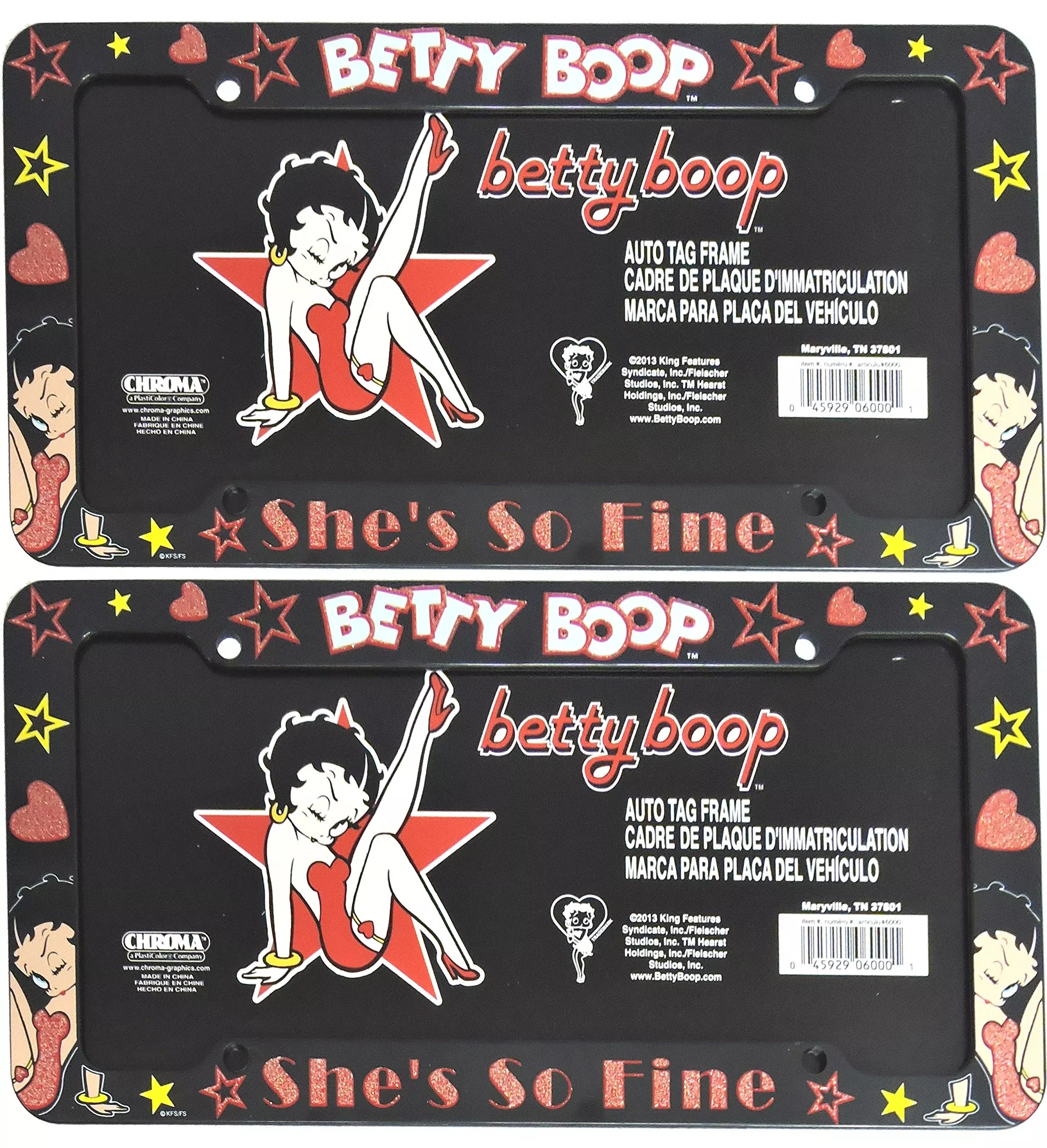 CHROMA Plastic Glitter License Plate Frame Set – Betty Boop Leg Up Star, Model 6000-2