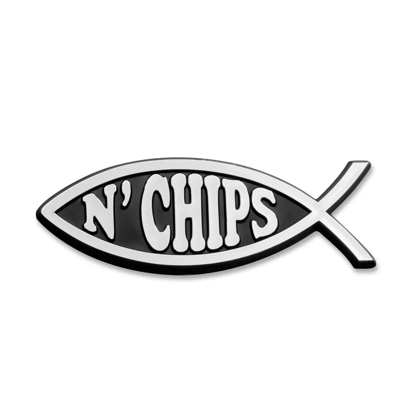 Fish ‘N Chips Plastic Auto Emblem – [Silver][4 3/4” X 1 3/4”]