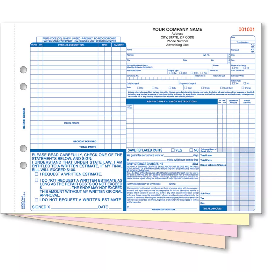Florida Repair Order Form 4-Part Carbonless – Pack 250