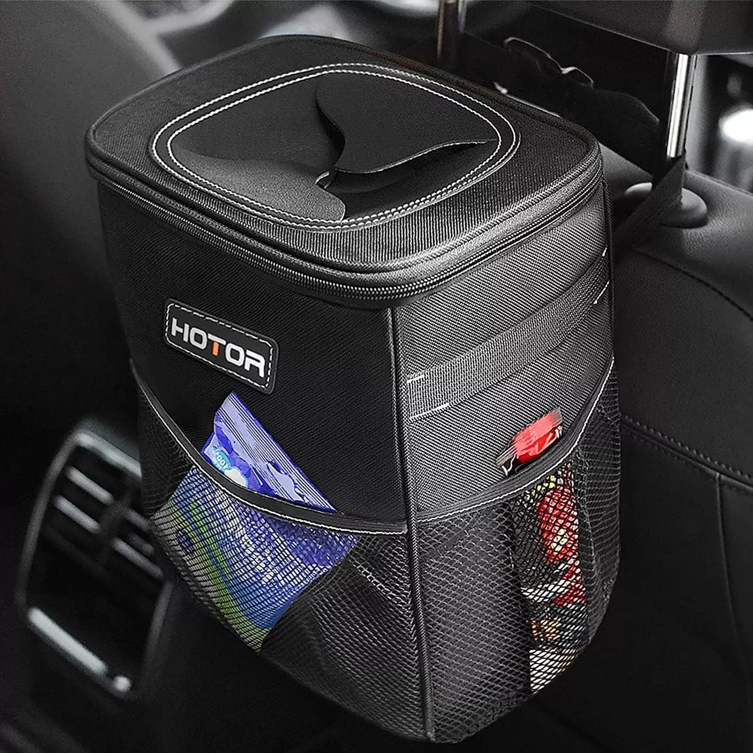 HOTOR Car Trash Can – 2 Gallon Leak-Proof Waterproof Bin with Lid & Pockets, Black, Model HT138