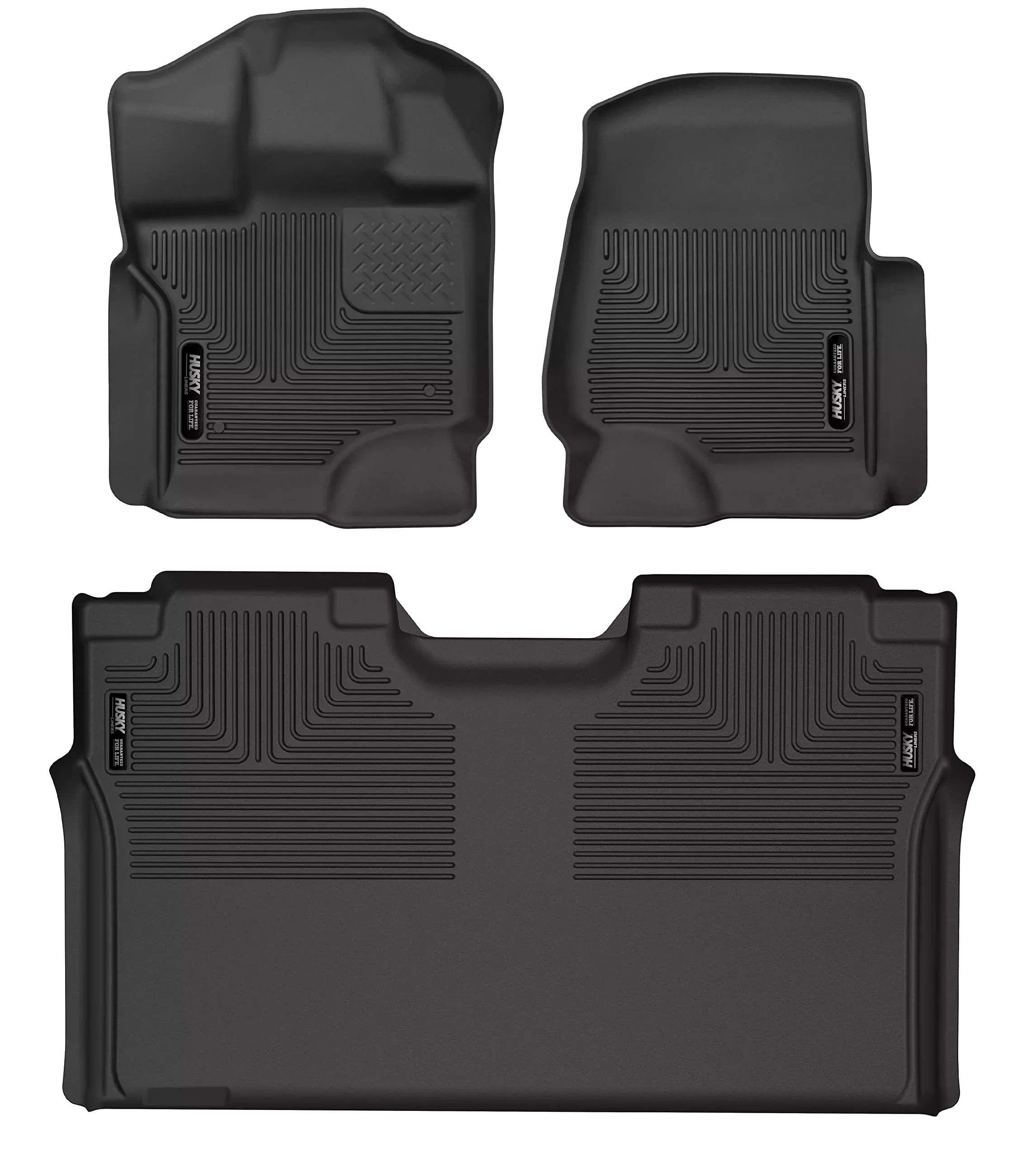 Husky Liners X-Act Contour Floor Mats | Fits 2015 – 2024 Ford F-150 Supercrew; 2022 – 2024 Ford F-150 Lightning Supercrew W/0 Fold Flat Storage | Front & 2Nd Row, 3-Pc Black – 53498