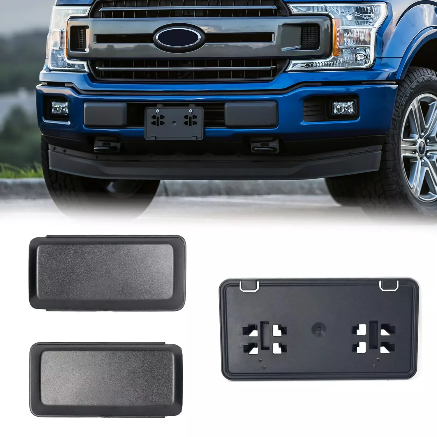 Karpal Bumper Guards Pads Insert Caps + License Plate Frame Bracket Compatible With 2018 2019 2020 Ford F150 F-150 Front Lh Left Driver + Rh Right Passenger Side