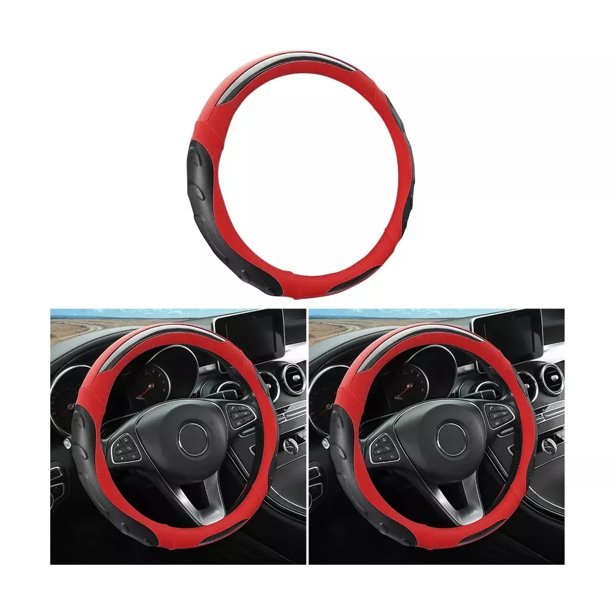 Leather Steering Wheel Cover, Auto Car Stretch Steering Wheel Protector, Universal 15 Inch Anti-Slip Breathable Odorless Steering Wheel Cover For Men Women (Black/Red)