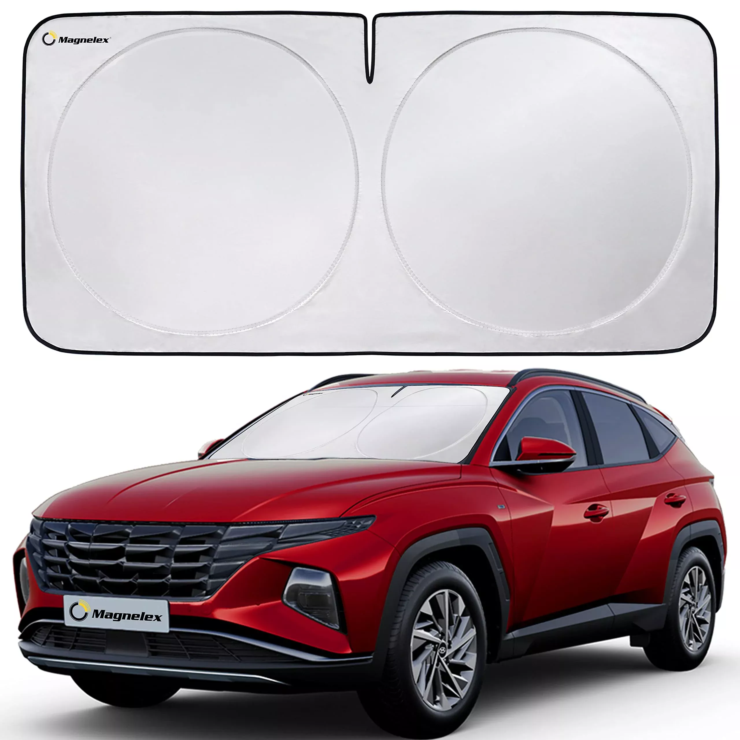 Magnelex Car Windshield Sun Shade With Storage Pouch. Reflective 240T Material Car Sun Visor With Mirror Cut-Out For Car, Truck, Van Or Suv. Foldable Sun Shield For Sun Heat And Uv Protection (Large)