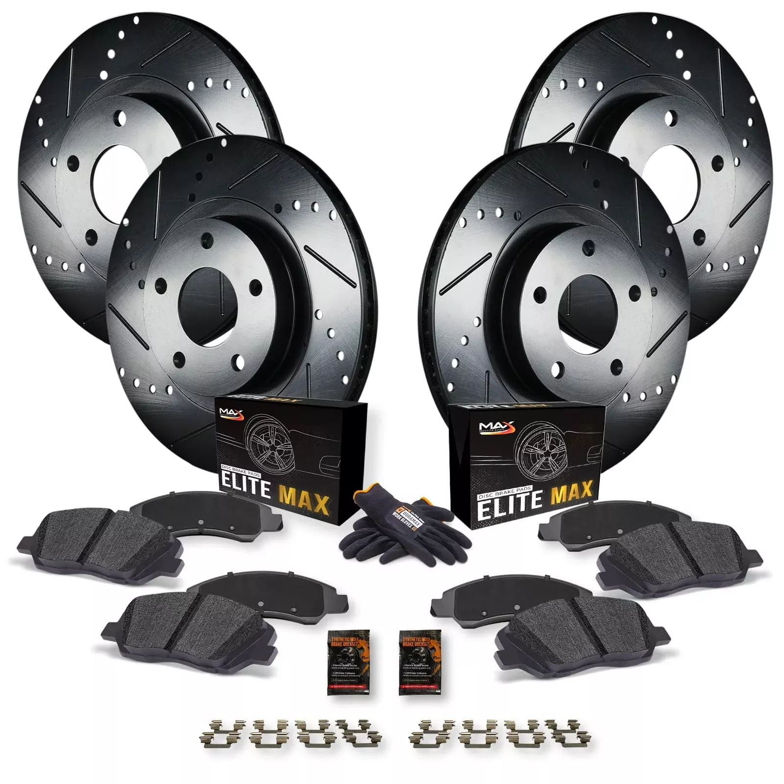Max Advanced Brakes Front & Rear Brake Kit For 2008-2016 Dodge Grand Caravan Town&Country Single Piston Front Caliper Replacement Drilled Slotted Black Coated Disc Brake Rotors And Ceramic Brake Pads