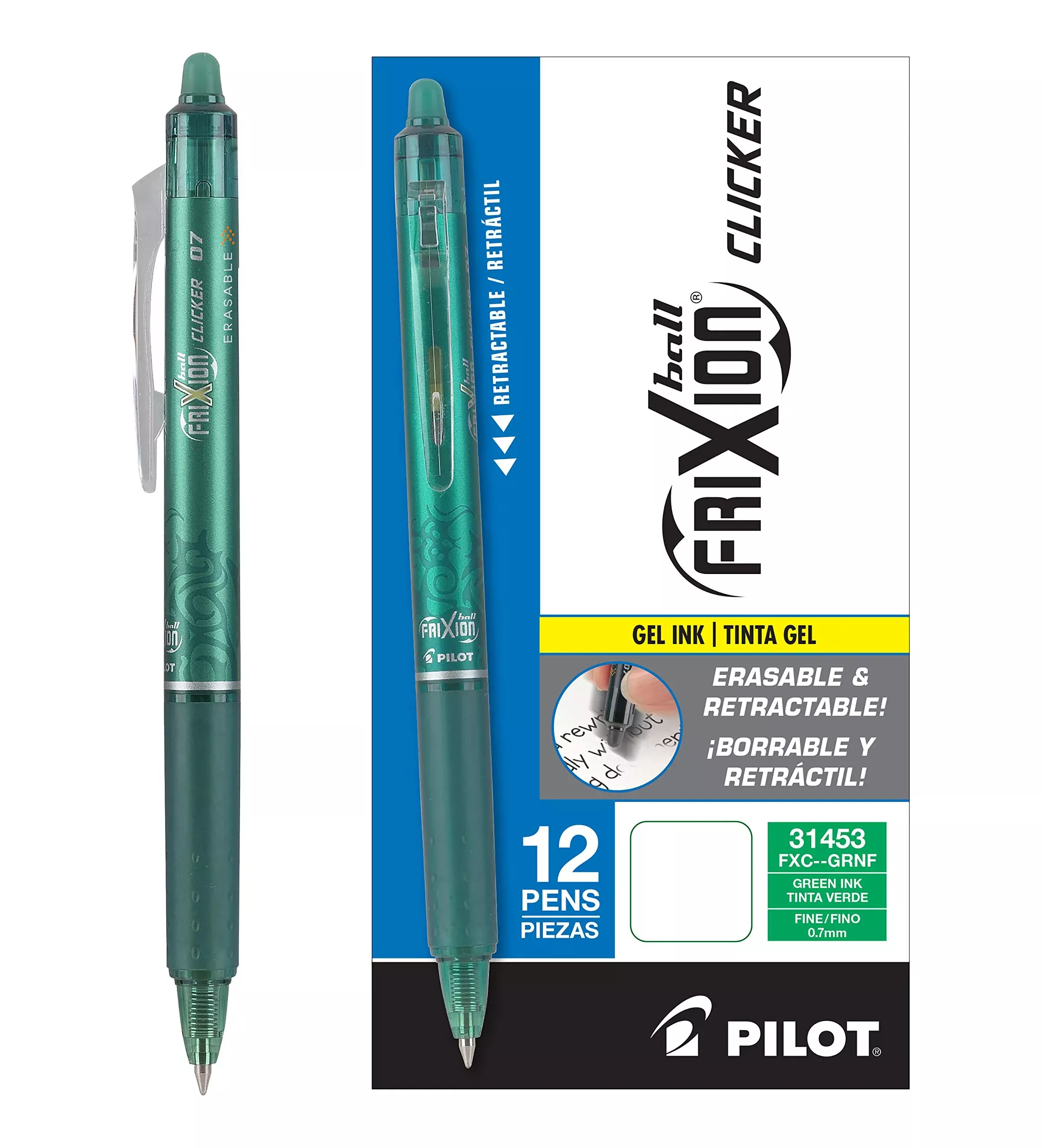 PILOT FriXion Clicker Erasable Gel Pens, Fine Point 0.7mm, Green, Pack of 12, Plastic