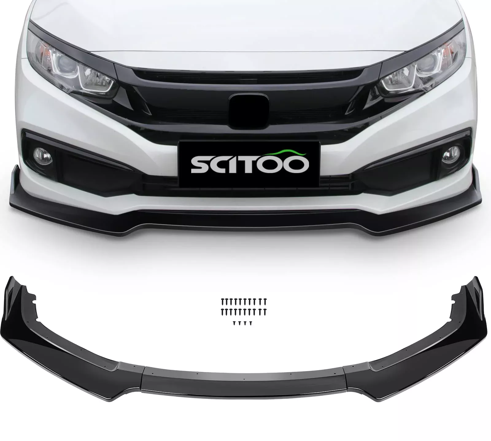 SCITOO Front Bumper Lip Kit for 2016-2020 Honda Civic, Black Polypropylene, 3PCS Spoiler Body Kit, Model 161094