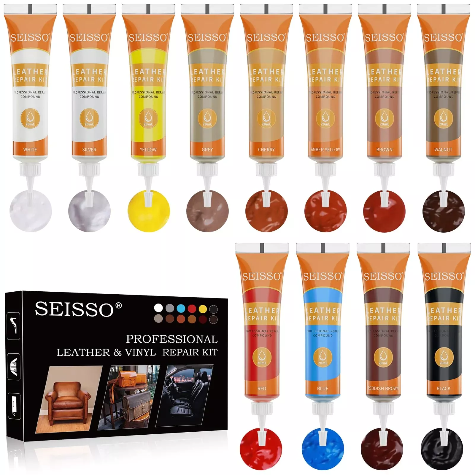 SEISSO 12 Colors Leather Repair Kit – Restore Furniture, Car Seats, Couches, Shoes, Vinyl, Genuine Italian Leather, Paint for Scratches & Tears