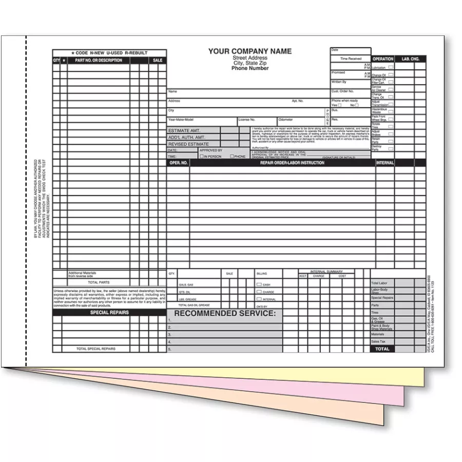 Service Repair Order 4-Part Carbonless – Pack 250