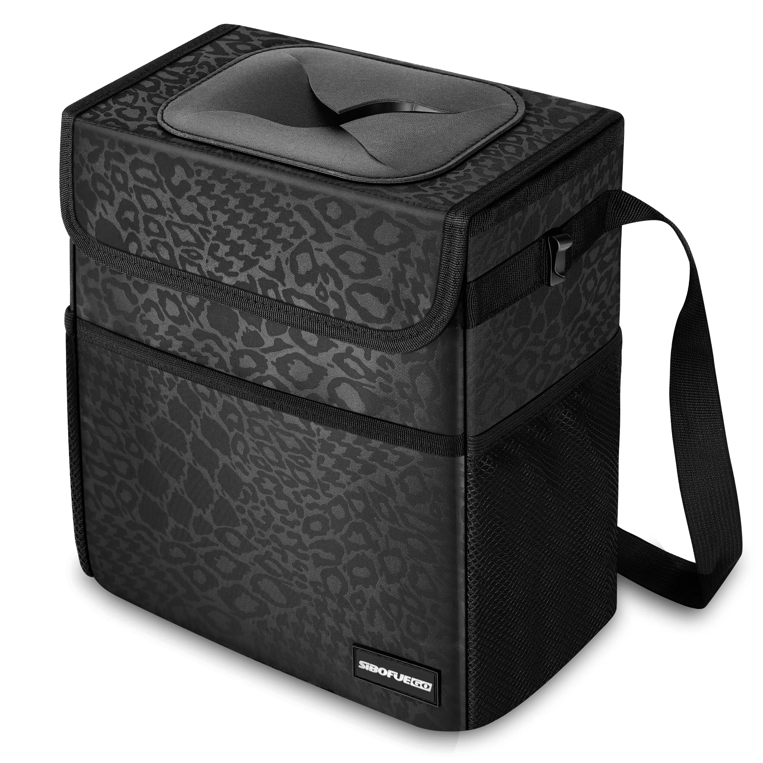 SIBOFUEGO Cute Car Trash Can – Leak Proof, Waterproof, 2.5 Gallons, Black Leopard, Collapsible with Storage Pockets, Model SIBOCTC202108