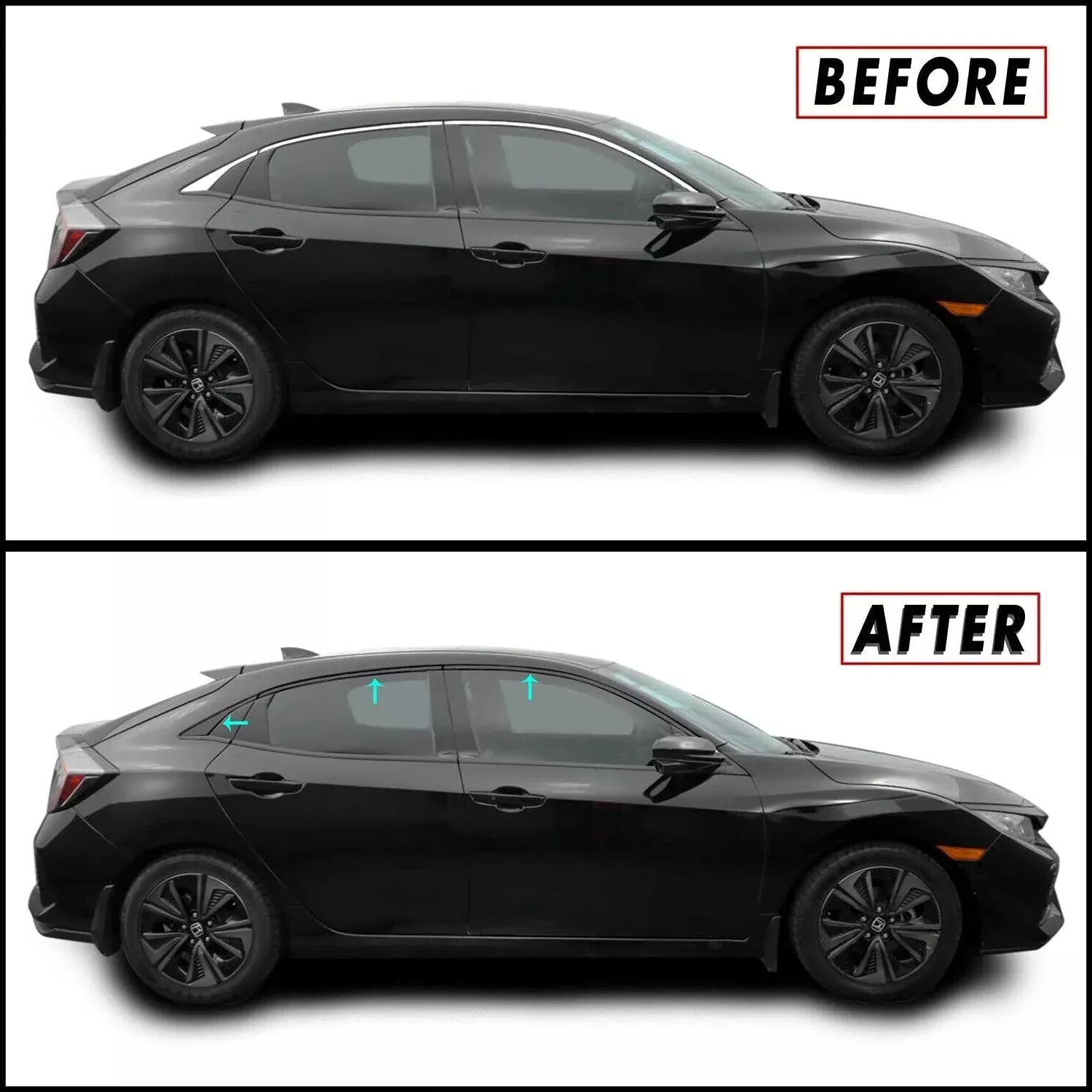 SlickMod Chrome Delete Blackout Vinyl Overlay for 2016-2021 Honda Civic Hatchback – Gloss Black, Model HON-CIV-HB-1621-CTD