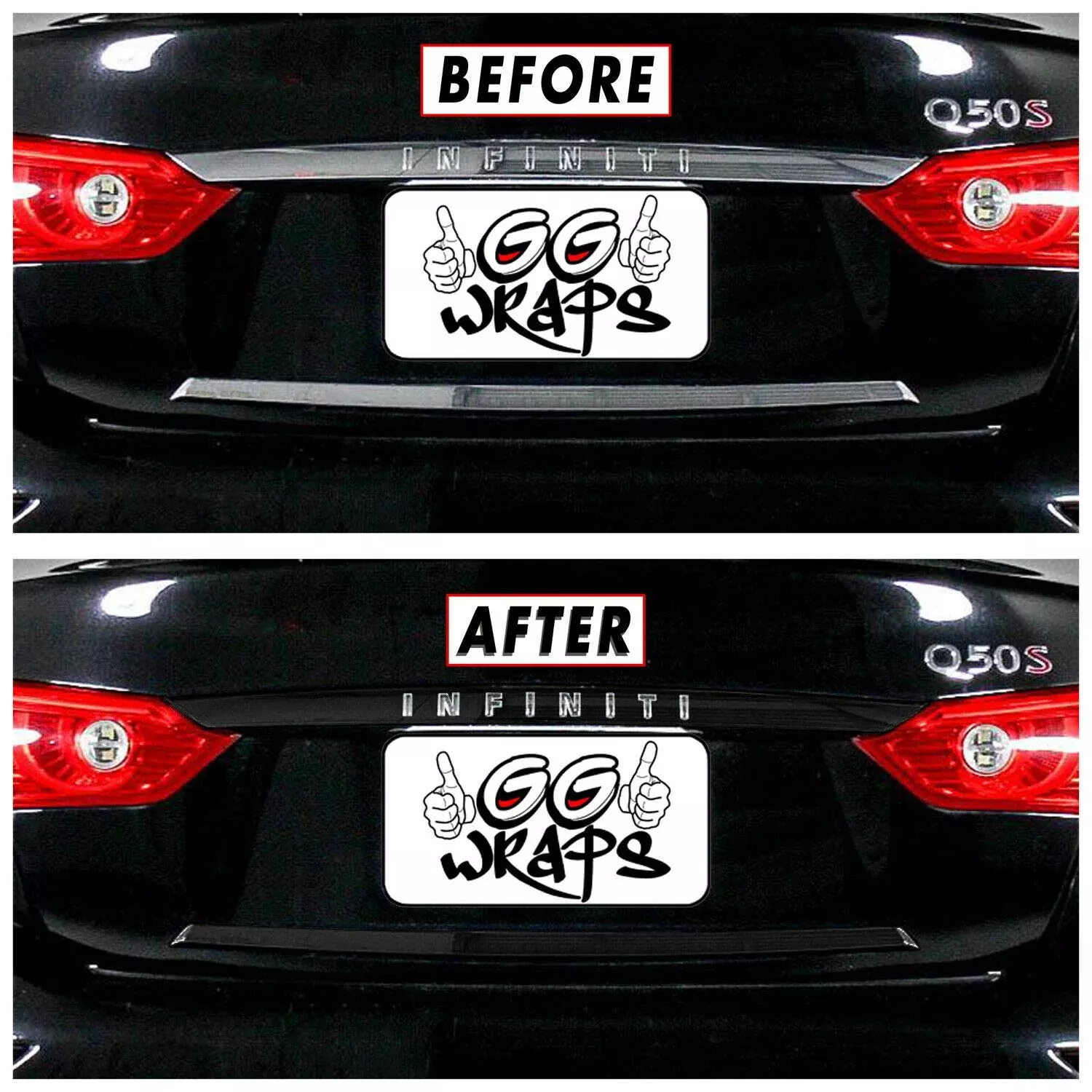 SlickMod Chrome Delete Vinyl Overlay for Infiniti Q50/Q50S Rear Trunk Trim, Gloss Black, Model INF-Q50-1417-RGT