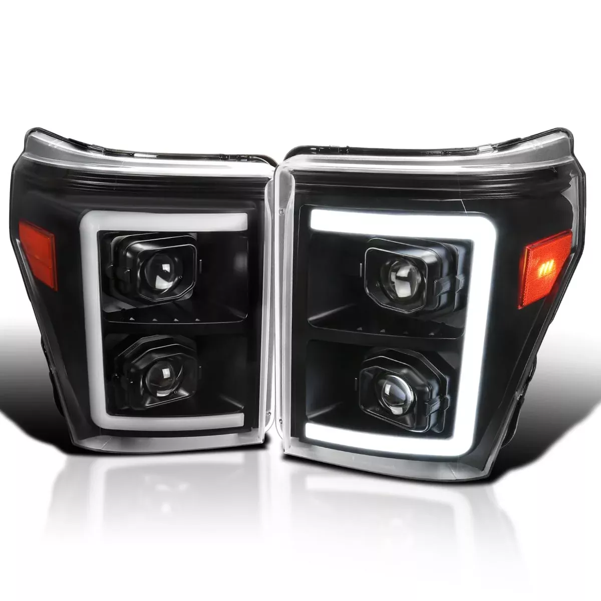 SPEC-D Tuning Projector Headlights with Switchback LED Bar for 2011-2016 Ford Super Duty - Black Housing Clear Lens, Left + Right Pair