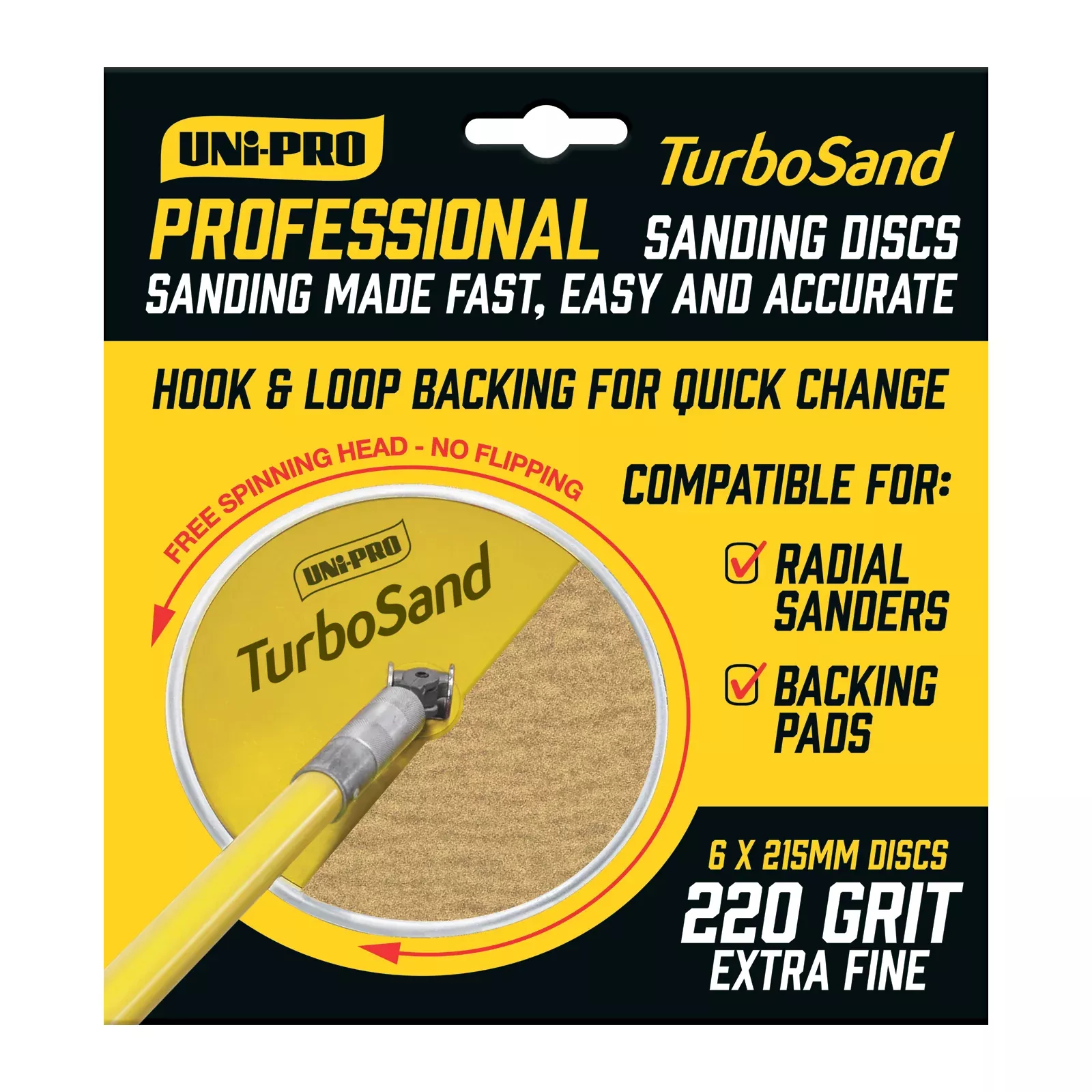 UNi-PRO TurboSand 215mm 220 Grit Sanding Disc x6 Hook And Loop Surface Prep