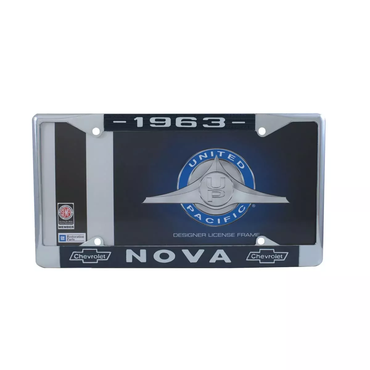 United Pacific C5045-63 Chrome License Plate Frame For 1963 Chevy Nova, Die-Cast Construction, Fits Standard U.S. Vehicles – One