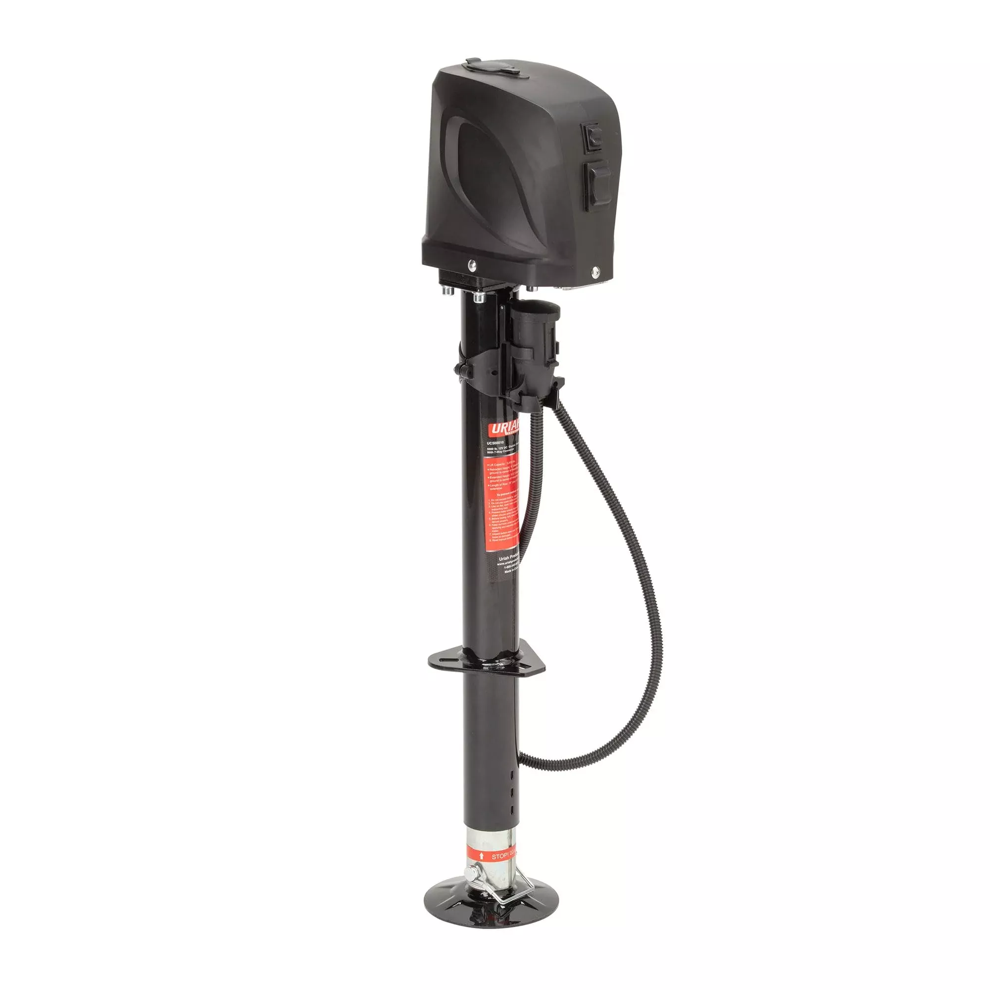 Uriah Products 5000 Pound Lift Capacity 12 Volt 7 Way Connector Electric Trailer Jack With Easy To Use Switch And Oversized Adjustable Footpad, Black