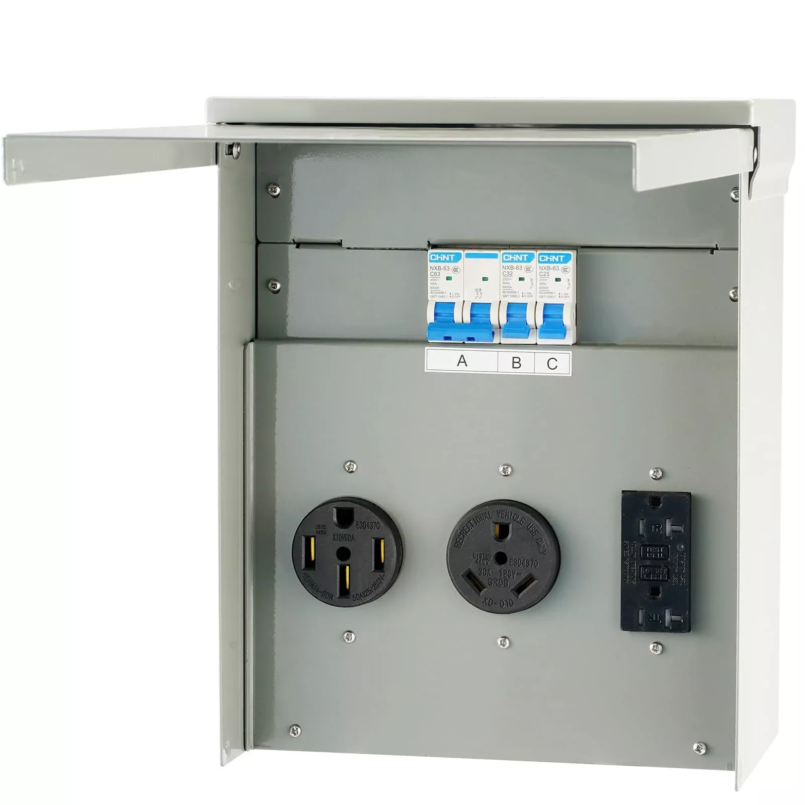 Vevor Temporary Power Outlet Panel, Weatherproof Rv Electrical Breaker Box With A 20/30/50 Amp Receptacle Installed, Prewired Circuit Nema 14-50R/Nema Tt-30R / 20A Gfci For Rv Camper Trailer Motorhome