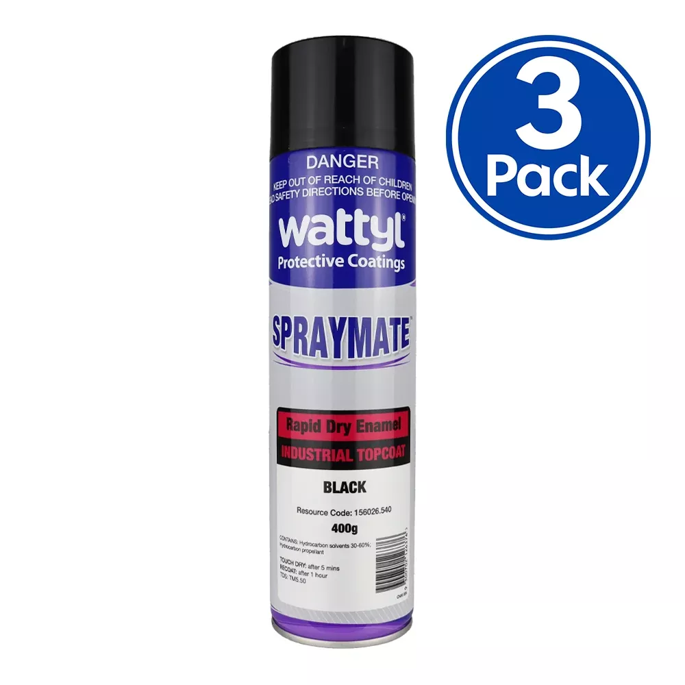 WATTYL Spraymate Industrial Quick Dry 1K Enamel Topcoat 400g Aerosol Gloss Black