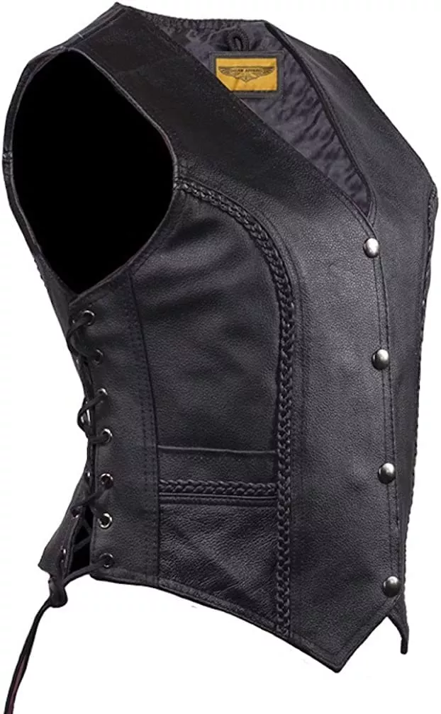 Womens Black Leather Motorcycle Vest With Braid On Front And Back Side Laces (As1, Alpha, M, Regular, Regular)