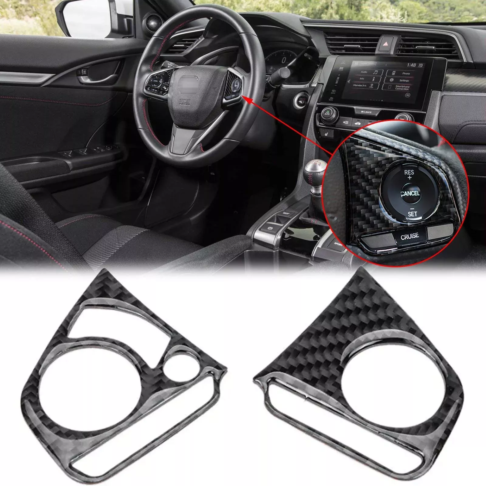 Xotic Tech Driver Side Media Control Button Cover Trim, Genuine Soft Carbon Fiber, Compatible With Honda Civic 10Th Gen