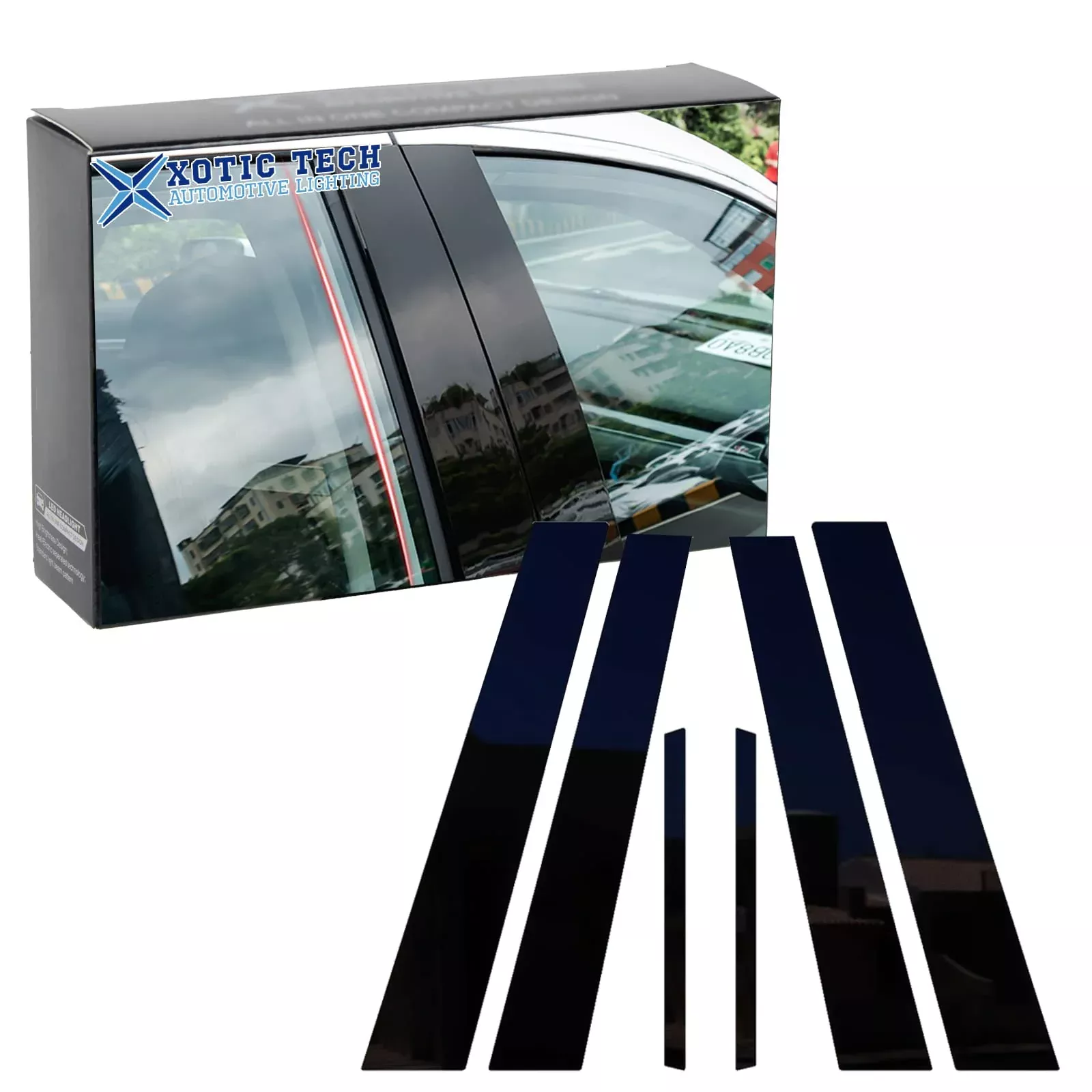 Xotic Tech Pillar Post Side Door Window Cover Trim Pre-Cut Molding, Compatible With Honda Accord Sedan 9Th Gen 2013-2017 (Glossy Black)